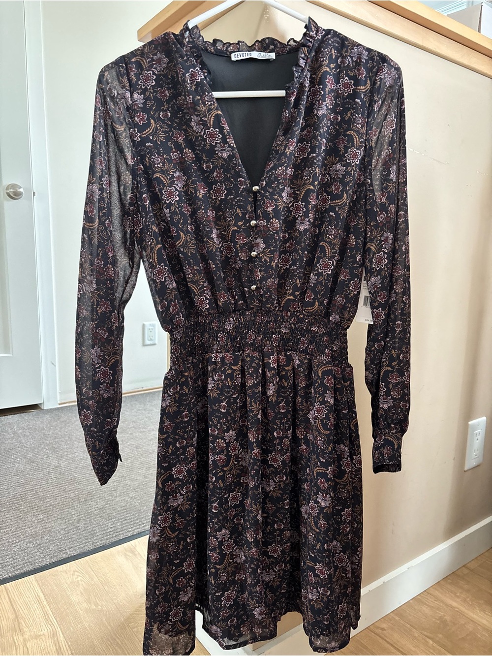 Seventy Dark Floral Long-Sleeve Smocked-Waist Dress